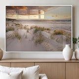 61246-MGV-FP-60X30-3P_White-Coastal Sand Dunes Wall Art – Serene Beach Sunset Canvas Print with Grasses and Ocean View, Tranquil Seaside Decor for Living Room
