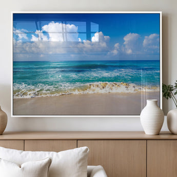 60364-MGV-FP-60X30-3P_White-Tropical Ocean Wave Wall Art – Serene Blue Sea and White Sand Beach Canvas Print, Coastal Landscape Decor for Living Room, Bedroom