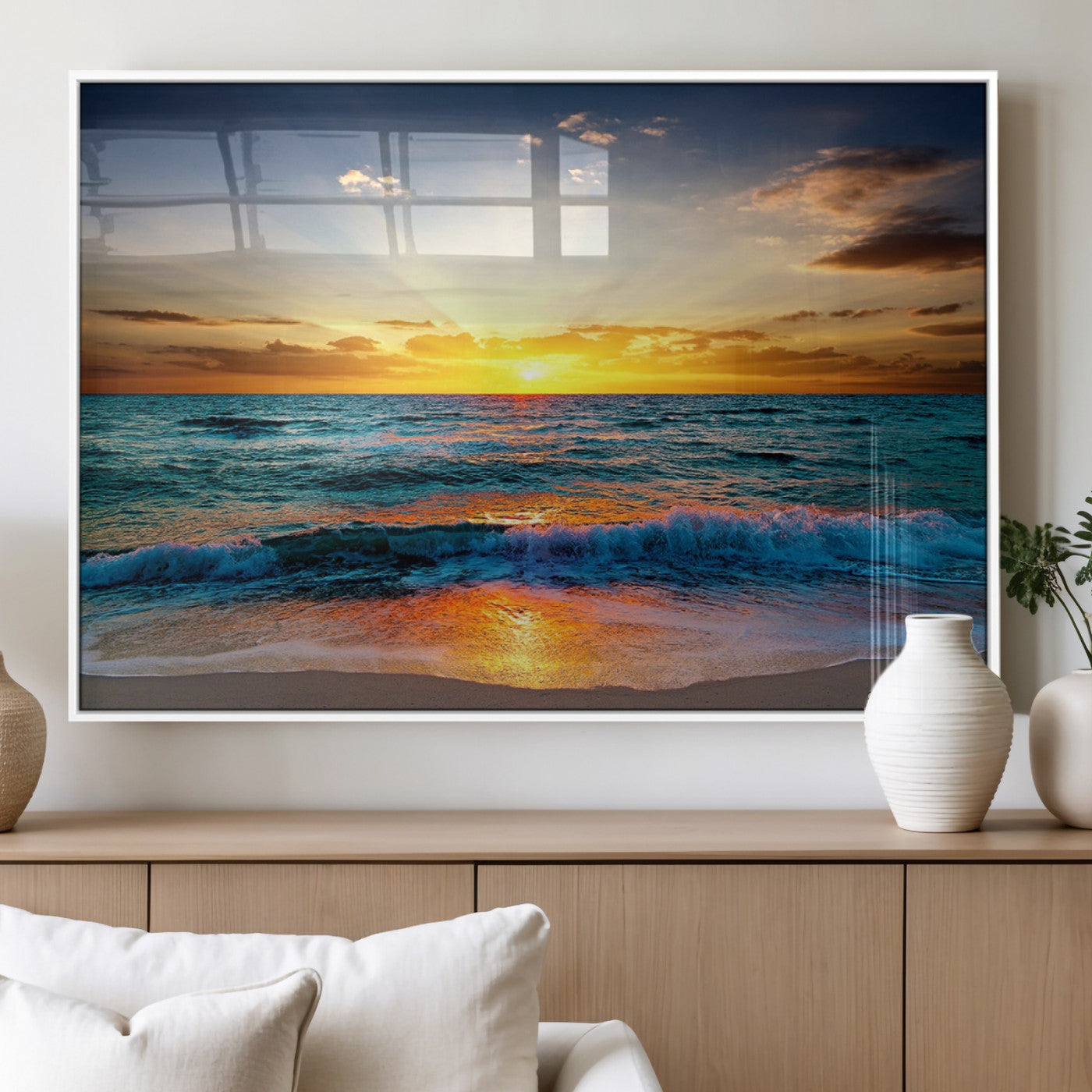 50627-MGV-FP-60X30-3P_White-Ocean Sunset Wall Art – Serene Beach Canvas Print with Waves and Golden Sky, Coastal Decor for Living Room or Office
