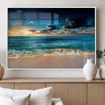 88985-MGV-FP-60X30-3P_White-Ocean Sunset Wall Art – Tranquil Beach Waves Canvas Print, Coastal Seascape Decor for Living Room or Office