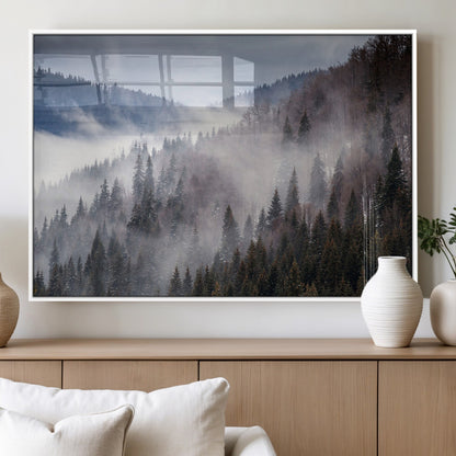18459-MGV-FP-60X30-3P_White-Misty Pine Forest Wall Art – Serene Mountain Landscape Canvas Print, Tranquil Nature Artwork for Living Room, Bedroom, Cabin or