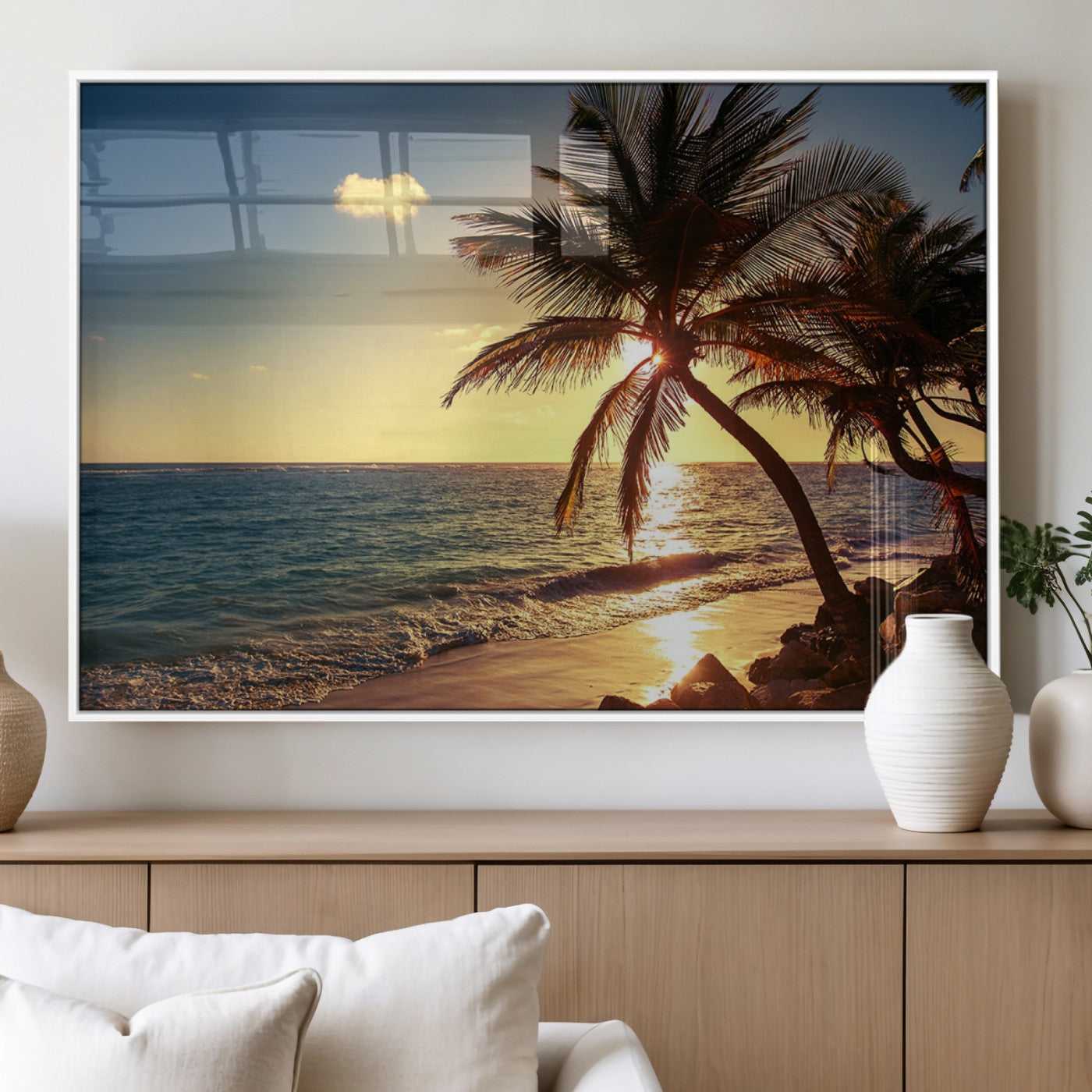 82710-MGV-FP-60X30-3P_White-Palm Tree Sunset Beach Wall Art – Tropical Ocean Canvas Print, Coastal Paradise Seascape Decor for Living Room or Office Wall
