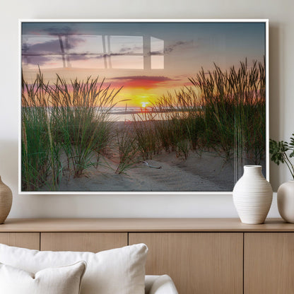 25576-MGV-FP-60X30-3P_White-Beach Grass Sunset Wall Art – Coastal Sand Dune Landscape Canvas Print, Ocean View Nature Decor for Living Room or Office Wall