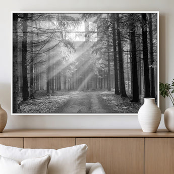 39665-MGV-FP-60X30-3P_White-Black and White Forest Path Wall Art – Sunlight Rays in Trees Canvas Print, Nature Landscape Decor for Living Room
