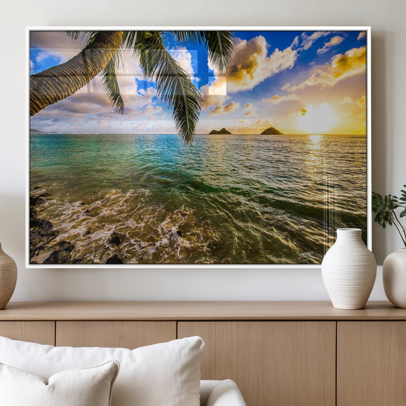 68606-MGV-FP-36X24-3P_White-Tropical Palm Tree Ocean Wall Art – Sunset Beach Seascape Print, Coastal Paradise Decor for Living Room or Office