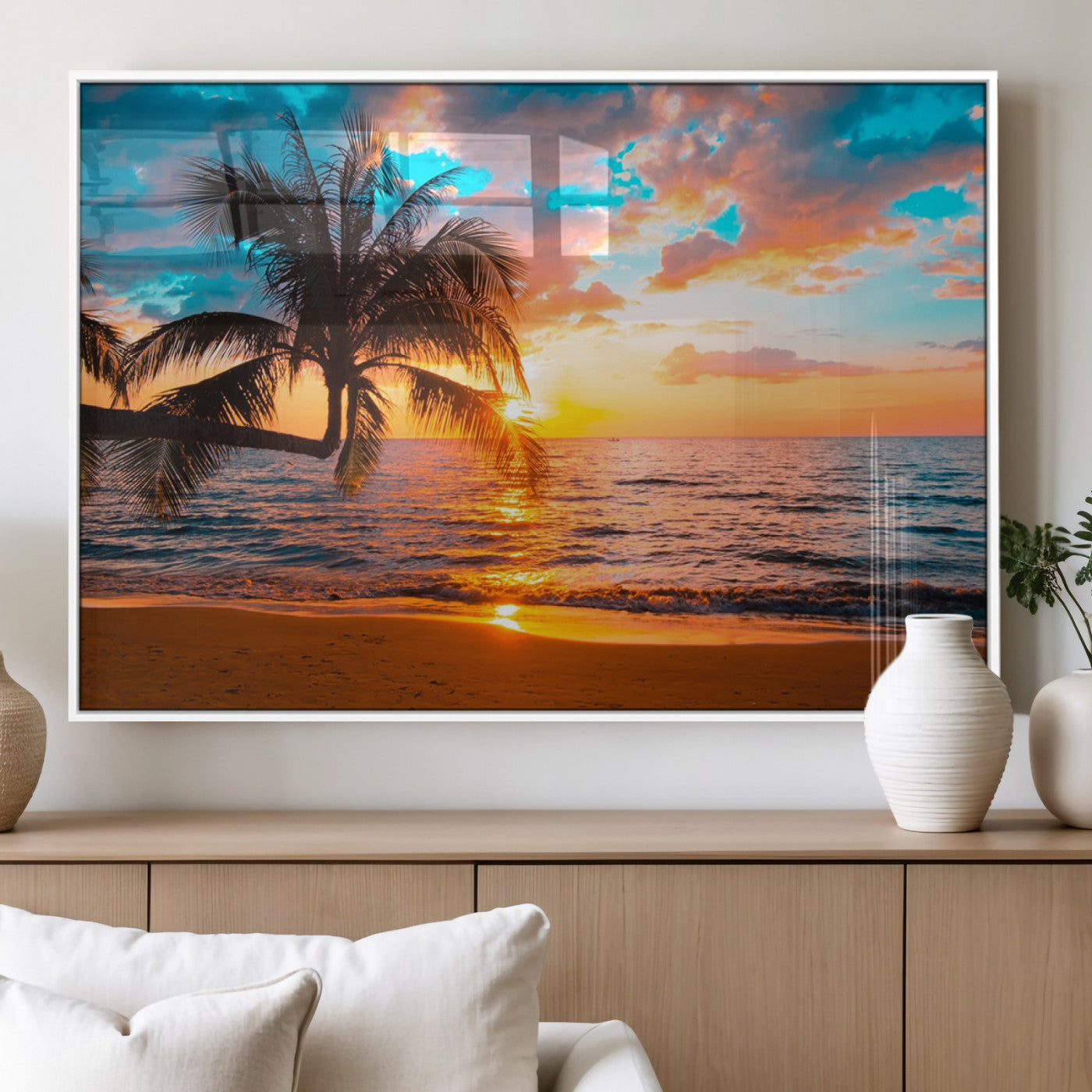 34674-MGV-FP-60X30-3P_White-Tropical Sunset Beach Wall Art – Palm Tree Ocean Canvas Print, Coastal Seascape Decor for Living Room or Office Wall