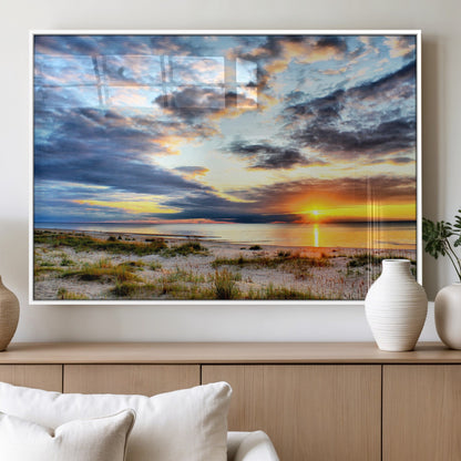 39645-MGV-FP-60X30-3P_White-Golden Beach Sunset Wall Art – Serene Ocean Horizon Canvas Print, Coastal Nature Landscape Decor for Living Room, Bedroom or