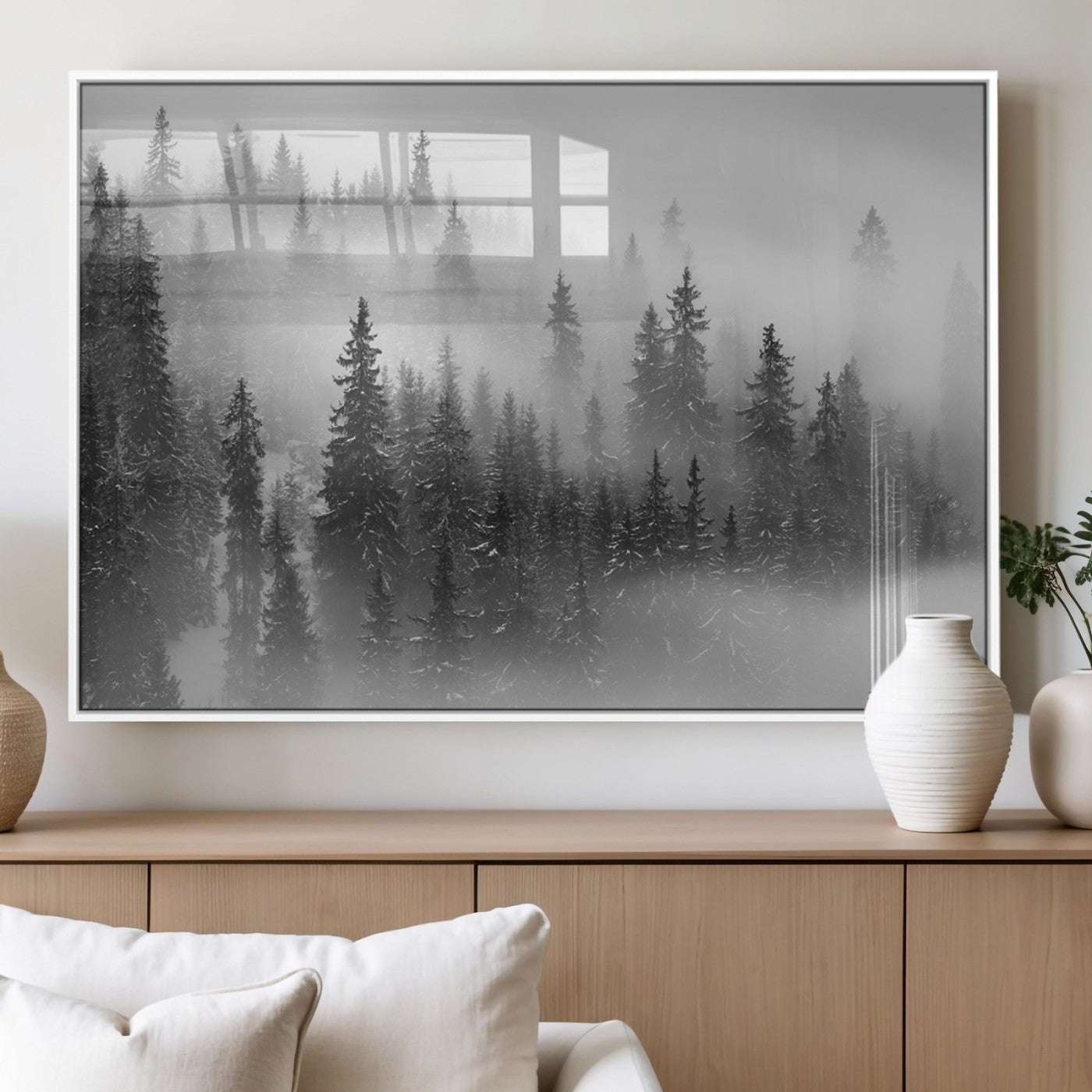 57235-MGV-FP-60X30-3P_White-Misty Pine Forest Wall Art – Black and White Mountain Landscape Canvas Print, Nature Woodland Decor for Living Room, Bedroom or