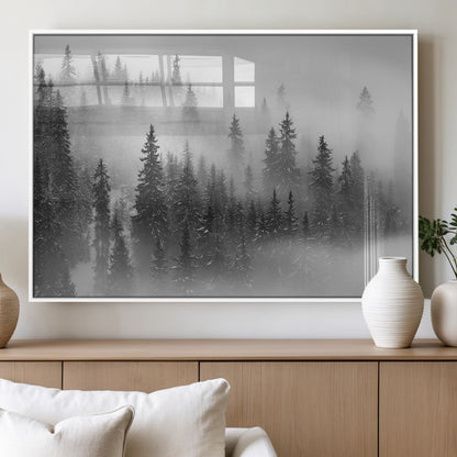 57235-MGV-FP-60X30-3P_White-Misty Pine Forest Wall Art – Black and White Mountain Landscape Canvas Print, Nature Woodland Decor for Living Room, Bedroom or