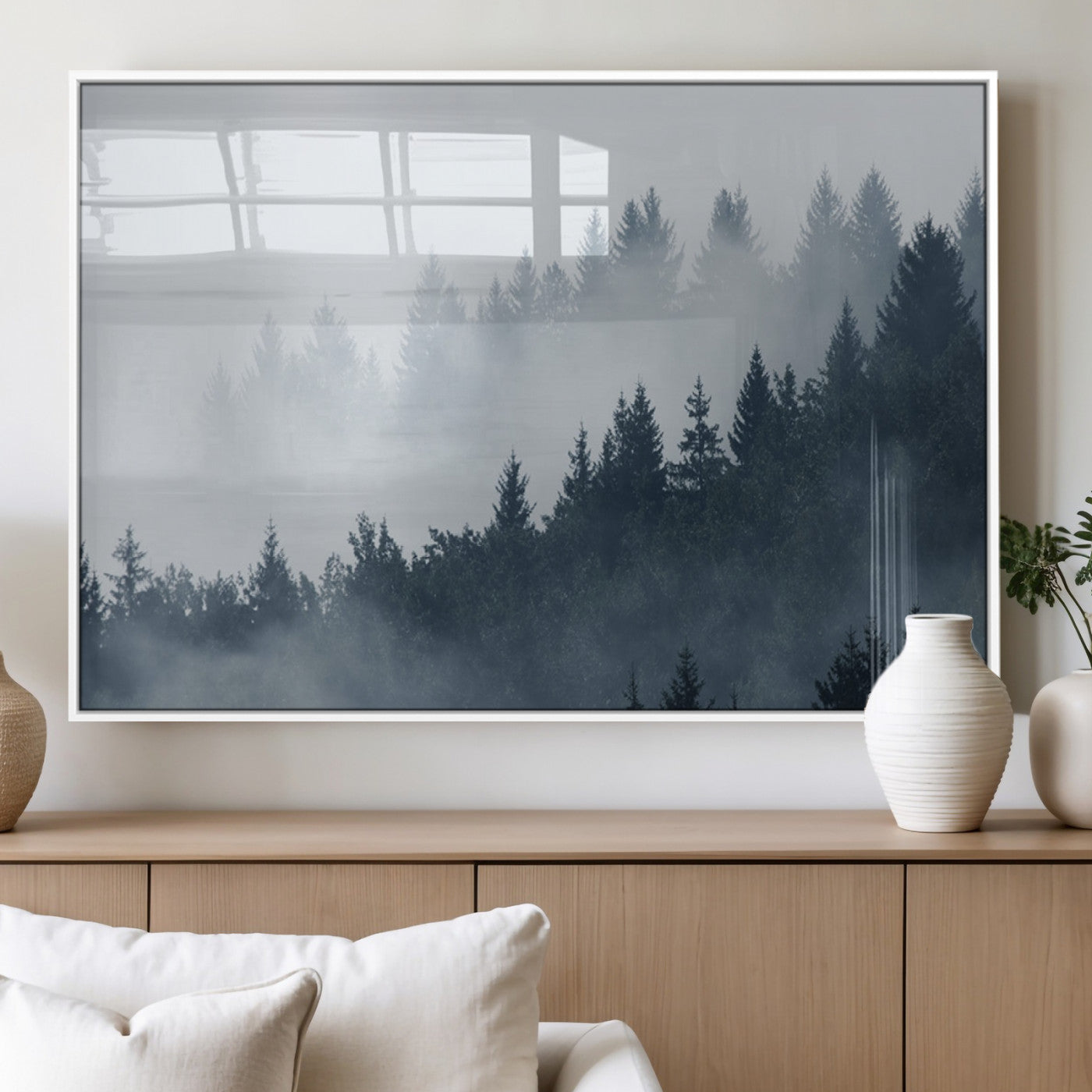 23671-MGV-FP-36X24-3P_White-Misty Forest Wall Art – Serene Foggy Pine Trees Landscape Canvas Print, Tranquil Nature Decor for Living Room, Bedroom or Office