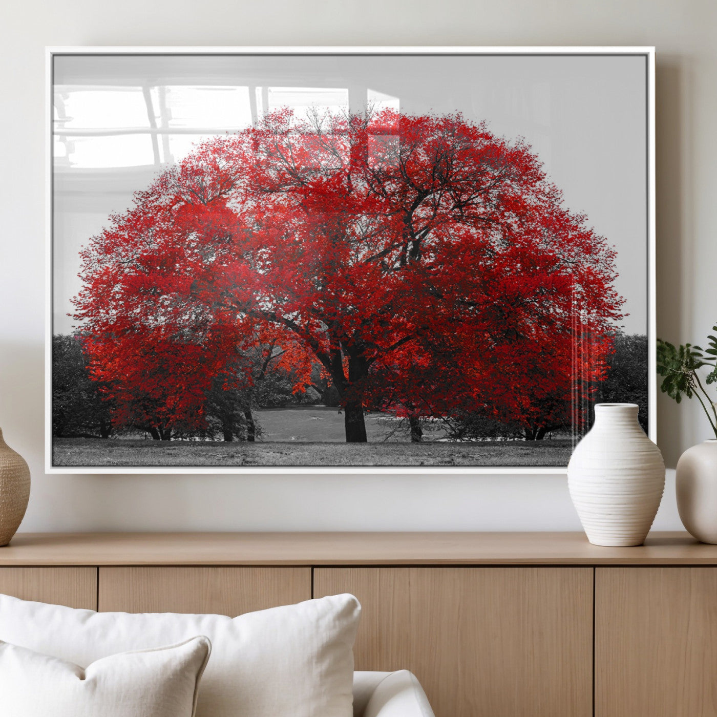 80021-MGV-FP-36X24-3P_White-Red Tree Wall Art – Striking Black and White Landscape Canvas Print with Vibrant Red Leaves, Modern Nature Decor for Living Room
