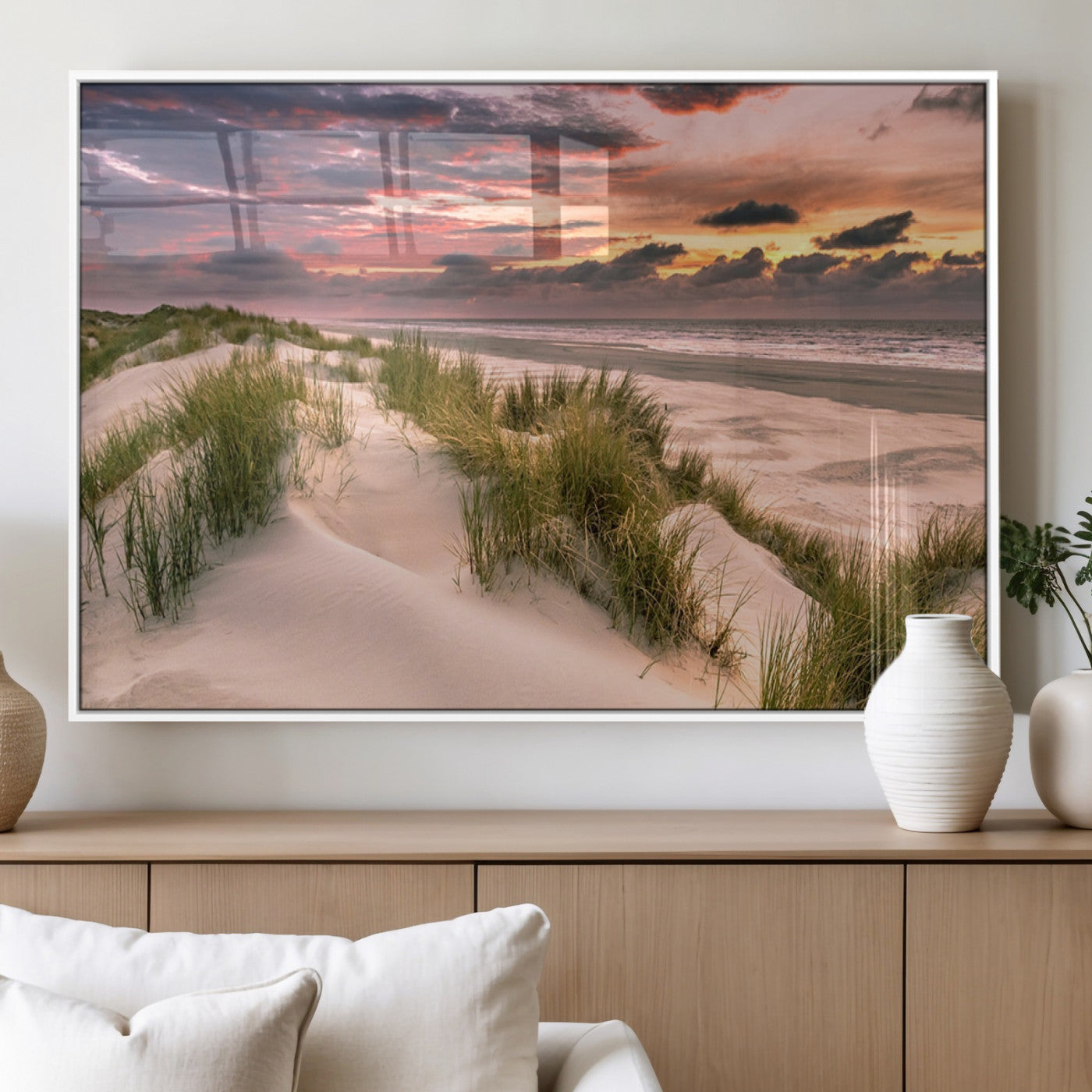 60570-MGV-FP-60X30-3P_White-Beach Sunset Wall Art – Coastal Sand Dunes and Ocean Horizon Canvas Print, Tranquil Seascape Photography Decor for Living Room or