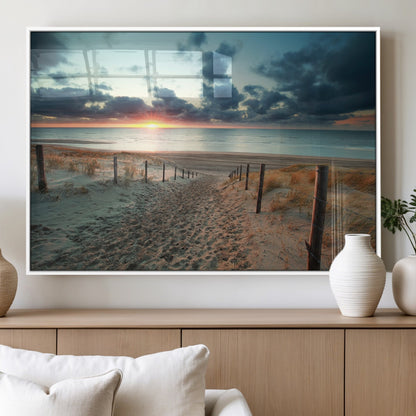 25788-MGV-FP-60X30-3P_White-Sunset Beach Path Wall Art – Scenic Coastal Dunes and Ocean Canvas Print, Tranquil Seaside Landscape Decor for Living Room or