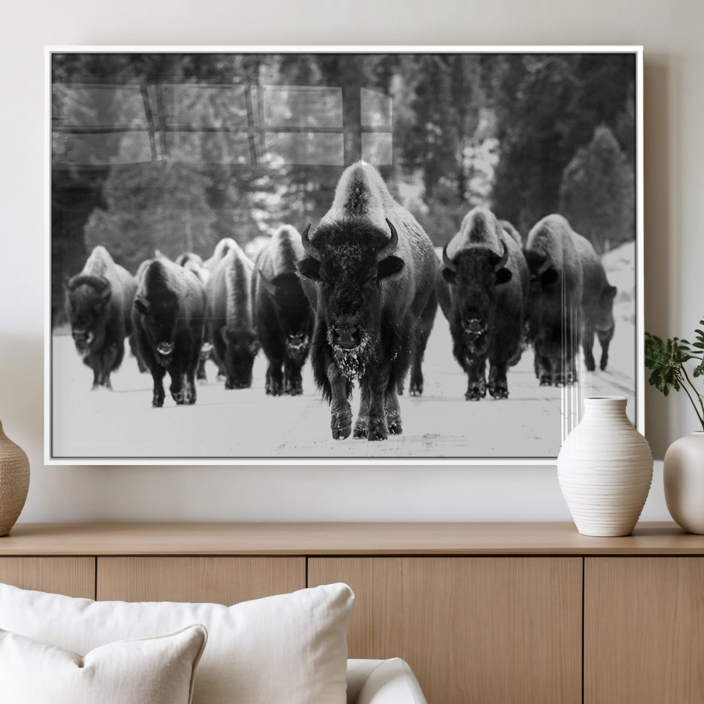 62434-MGV-FP-60X30-3P_White-Bison Herd Wall Art – Majestic Black and White Buffalo Canvas Print, Wildlife Nature Photography Decor for Living Room, Office or