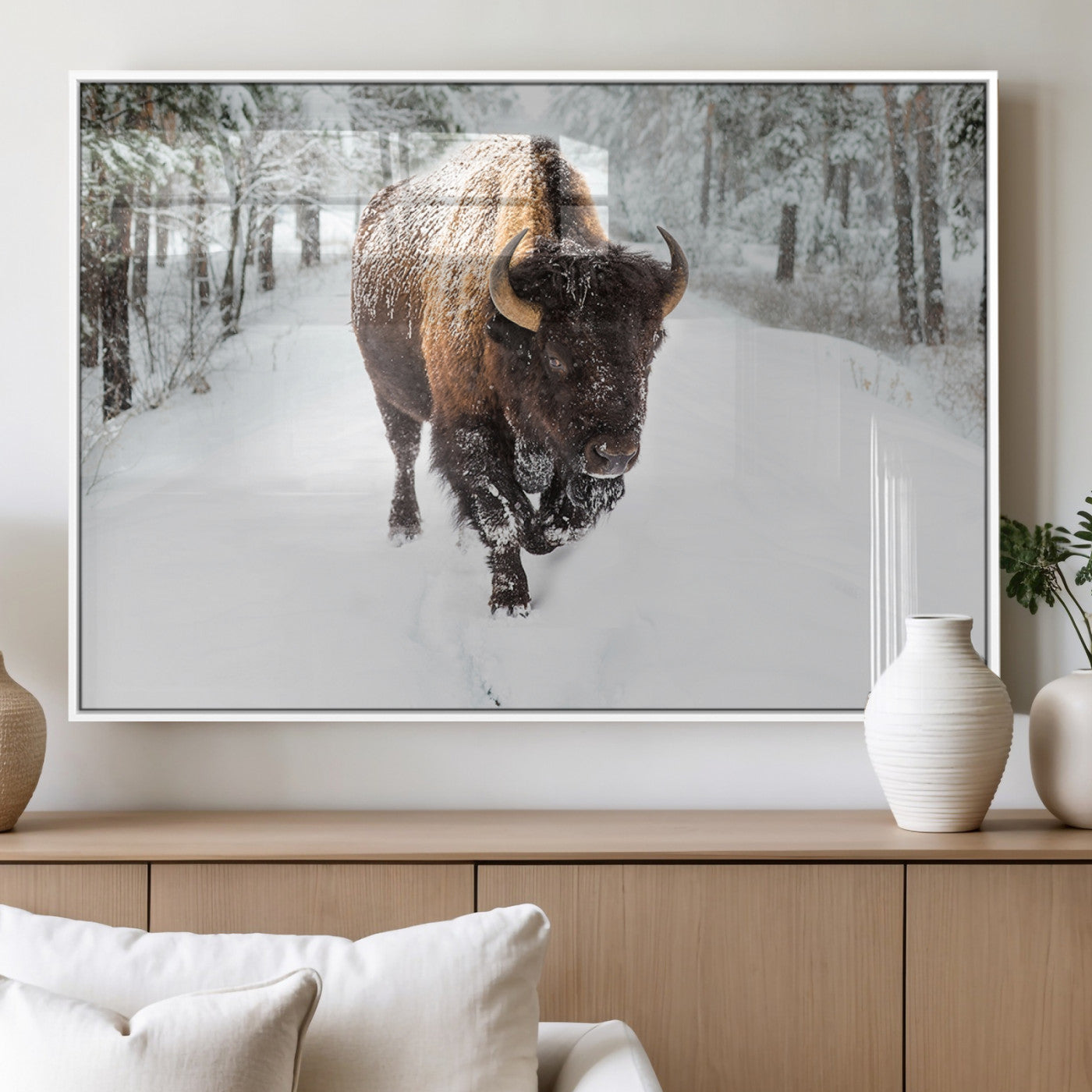 84699-MGV-FP-60X30-3P_White-Bison in Winter Wall Art – Majestic Buffalo Canvas Print with Snowy Forest Landscape, Rustic Wildlife Artwork for Cabin, Living