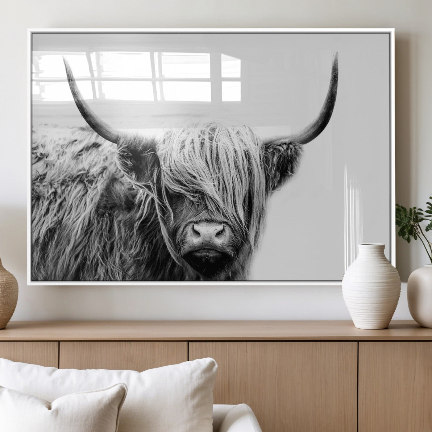 51957-MGV-FP-60X30-3P_White-Highland Cow Wall Art – Black and White Scottish Highland Bull Canvas Print, Rustic Farmhouse Animal Decor for Living Room,