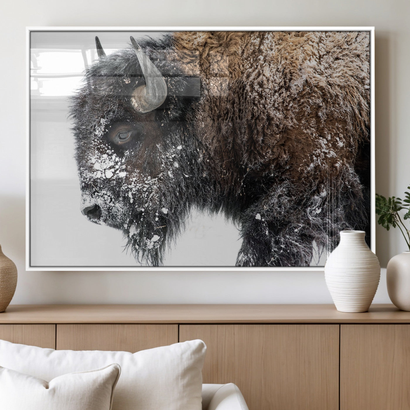 24304-MGV-FP-60X30-3P_White-Bison Wall Art Canvas Print, Framed Winter Bison Art Picture Print, Snowy Buffalo Perfect Rustic Farmhouse Decor Artwork