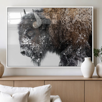 24304-MGV-FP-60X30-3P_White-Bison Wall Art Canvas Print, Framed Winter Bison Art Picture Print, Snowy Buffalo Perfect Rustic Farmhouse Decor Artwork