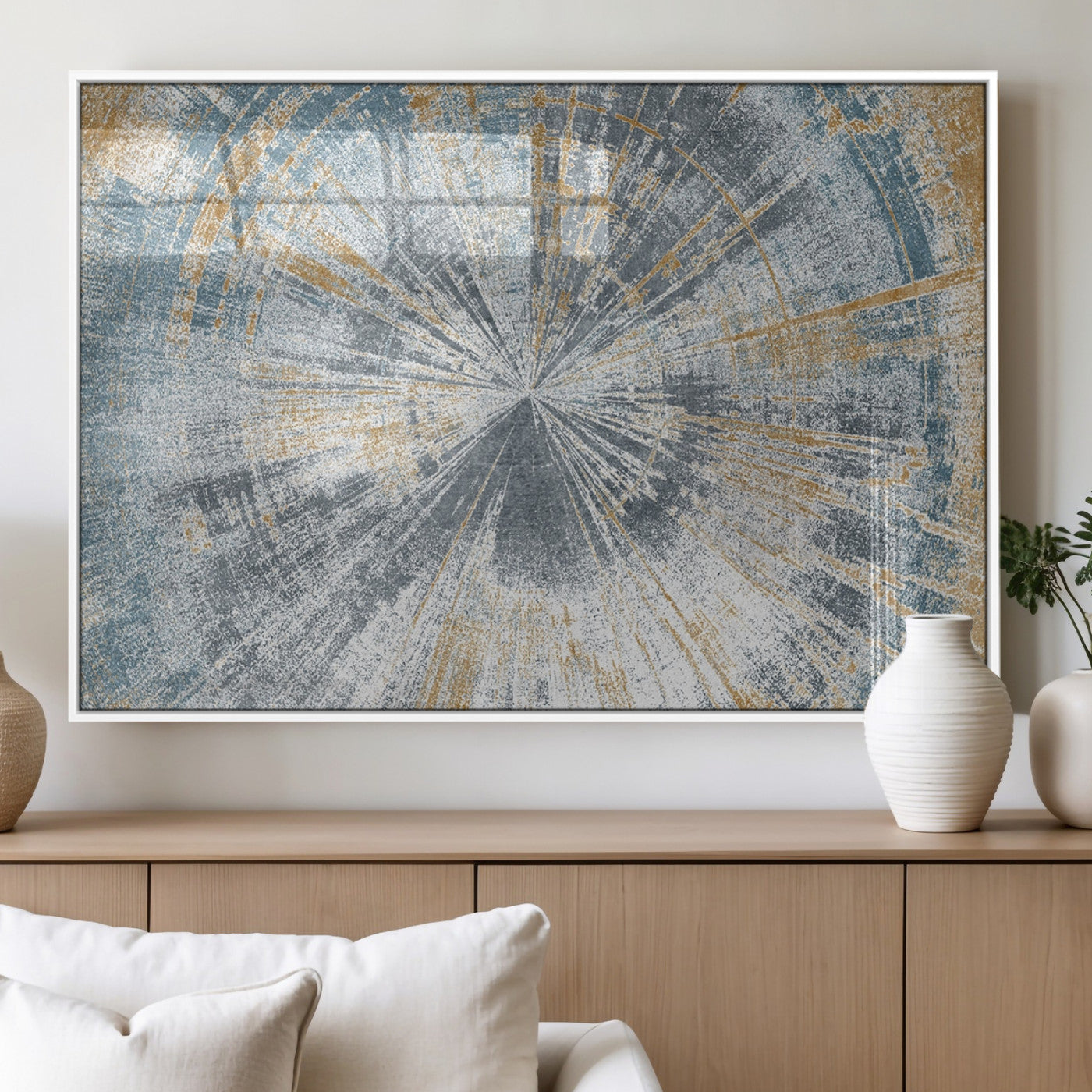 17631-MGV-FP-60X30-3P_White-Radiant Burst Wall Art – Abstract Sunburst Canvas Print in Blue and Gold, Modern Geometric Painting for Living Room, Office or