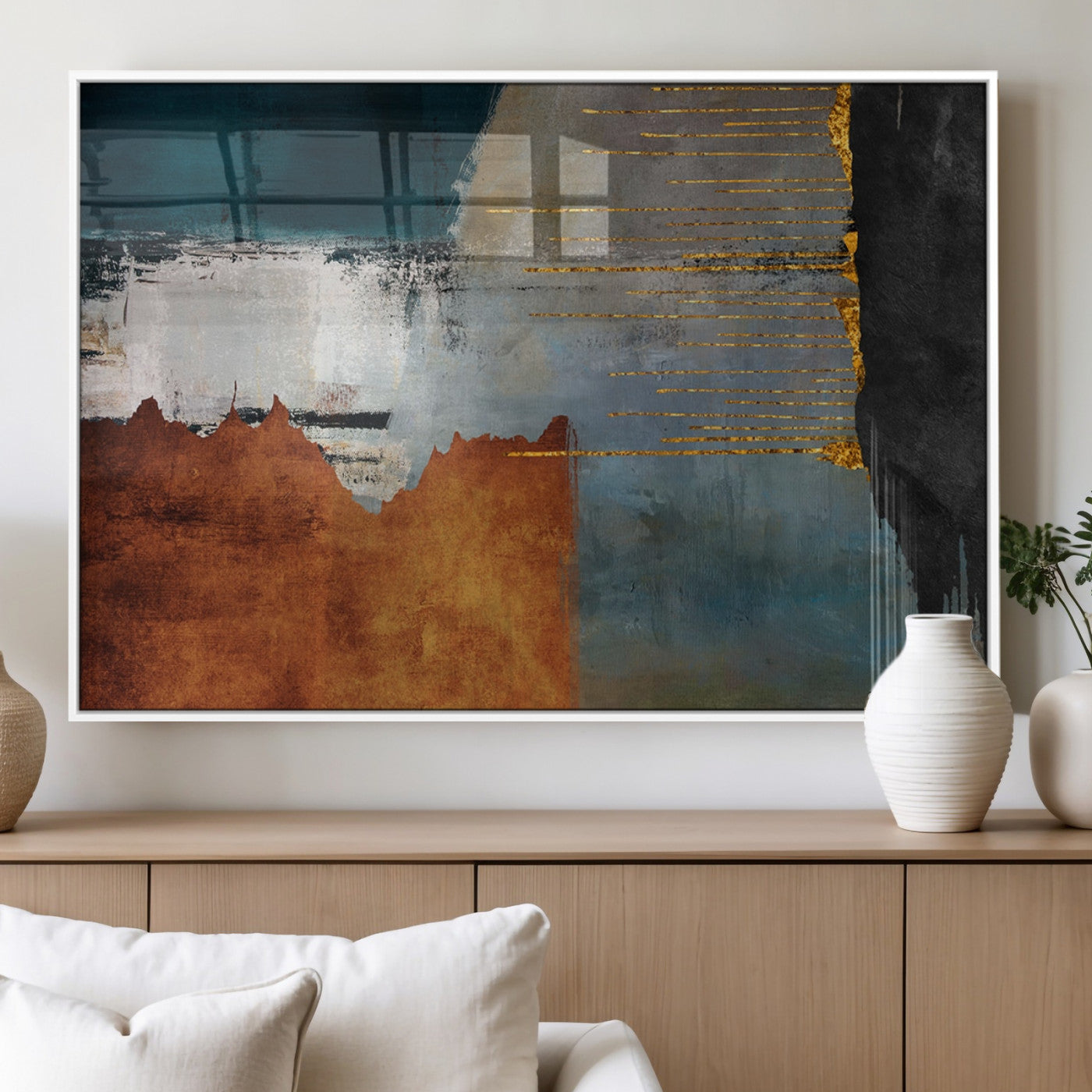 35026-MGV-FP-60X30-3P_White-Abstract Canvas Wall Art – Modern Teal, Rust, Black and Gold Textured Painting, Contemporary Decor for Living Room, Bedroom