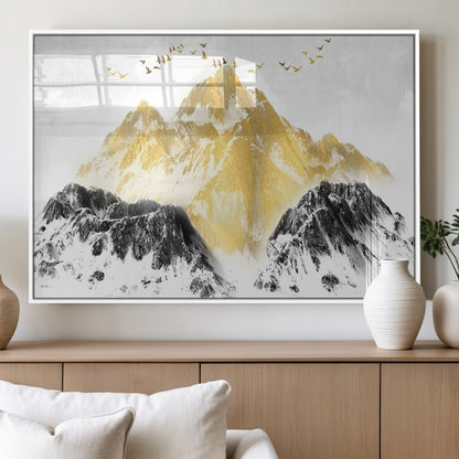 37733-MGV-FP-60X30-3P_White-Golden Mountain Wall Art – Modern Abstract Landscape Canvas Print with Birds, Luxury Nature Decor for Living Room, Bedroom, or