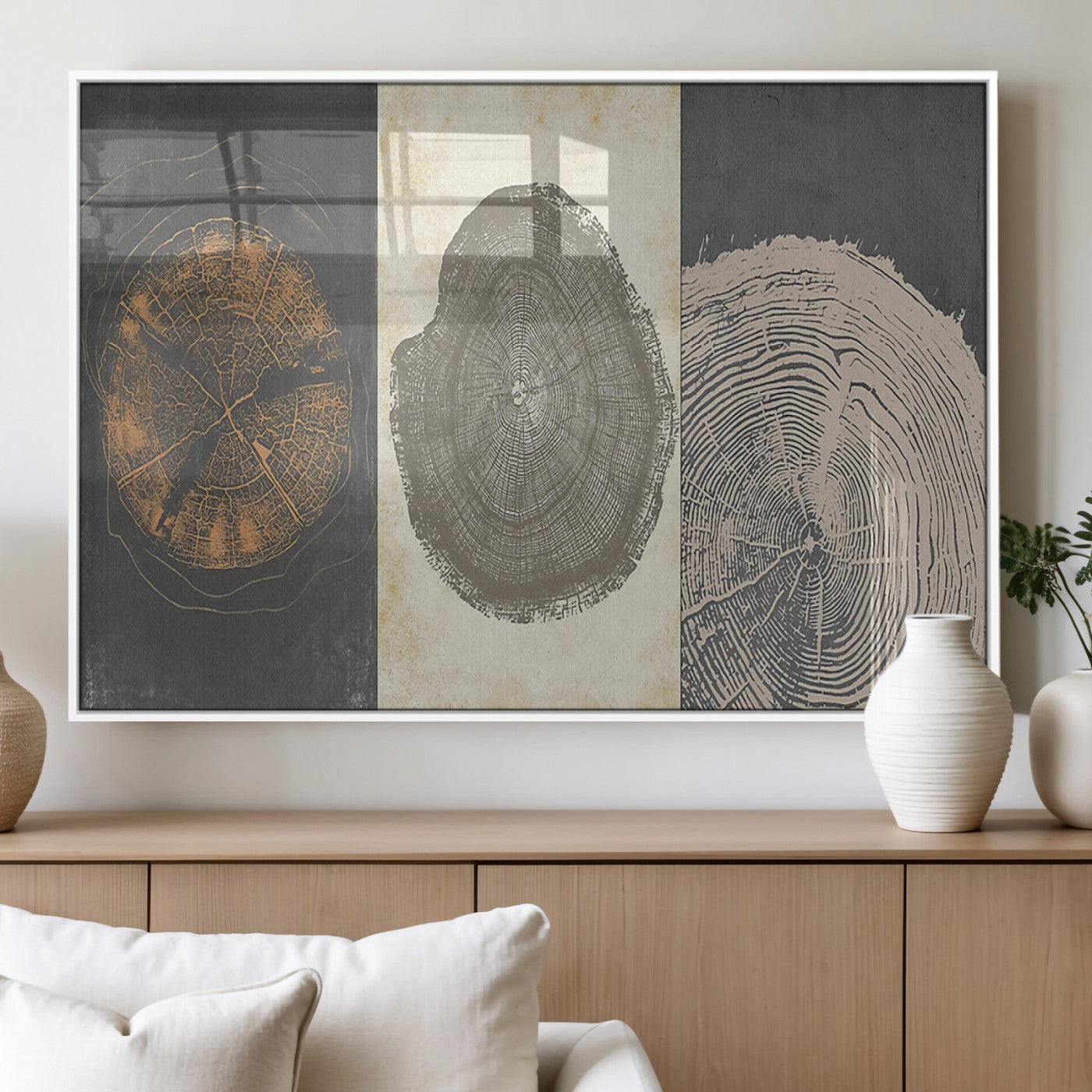 80725-MGV-FP-36X24-3P_White-Wood Tree Rings Wall Art Canvas Print, Framed Tree Rings Art Picture Print, Abstract Tree Rings Perfect Modern Boho Decor Artwork