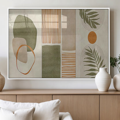 96002-MGV-FP-36X24-3P_White-Abstract Geometric Wall Art – Modern Canvas Print with Green, Orange & Beige Shapes, Minimalist Home Decor for Living Room, Office