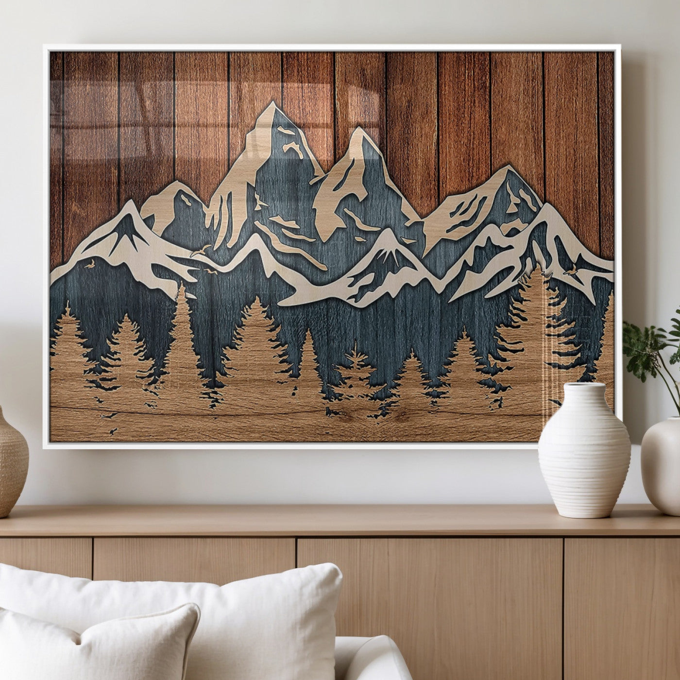 41330-MGV-FP-36X24-3P_White-Rustic Mountain Wall Art – Wooden Nature Scene with Trees and Peaks, Handmade 3D Layered Decor for Living Room, Cabin or Office