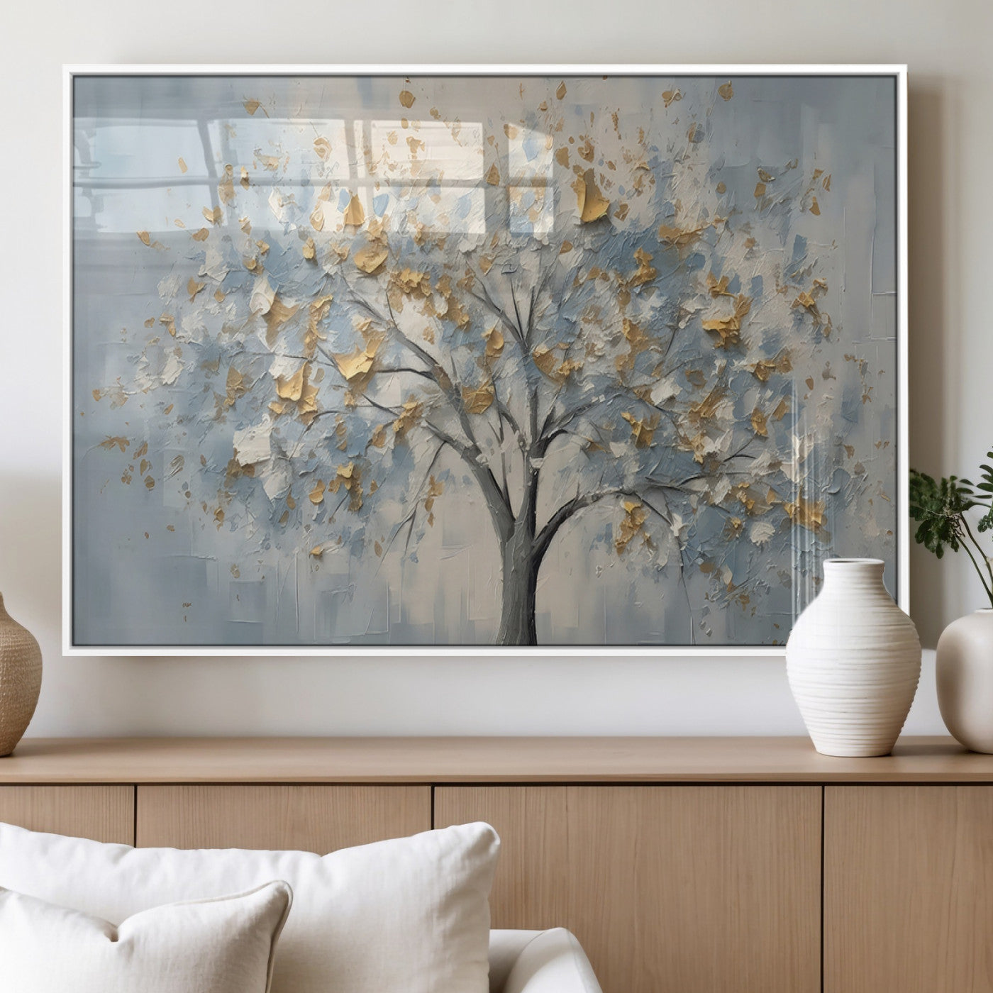 65811-MGV-FP-60X30-3P_White-Abstract Tree Wall Art – Textured Canvas Painting with Gold and White Leaves, Modern Nature Inspired Decor for Living Room or