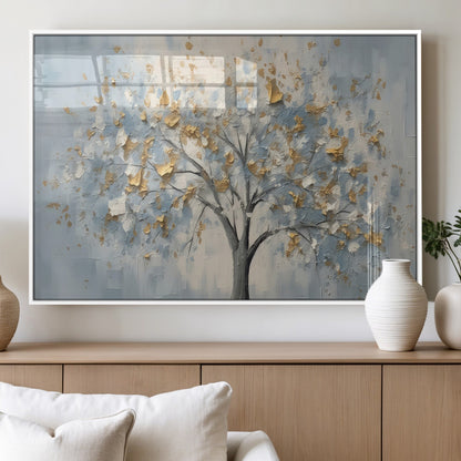 65811-MGV-FP-60X30-3P_White-Abstract Tree Wall Art – Textured Canvas Painting with Gold and White Leaves, Modern Nature Inspired Decor for Living Room or