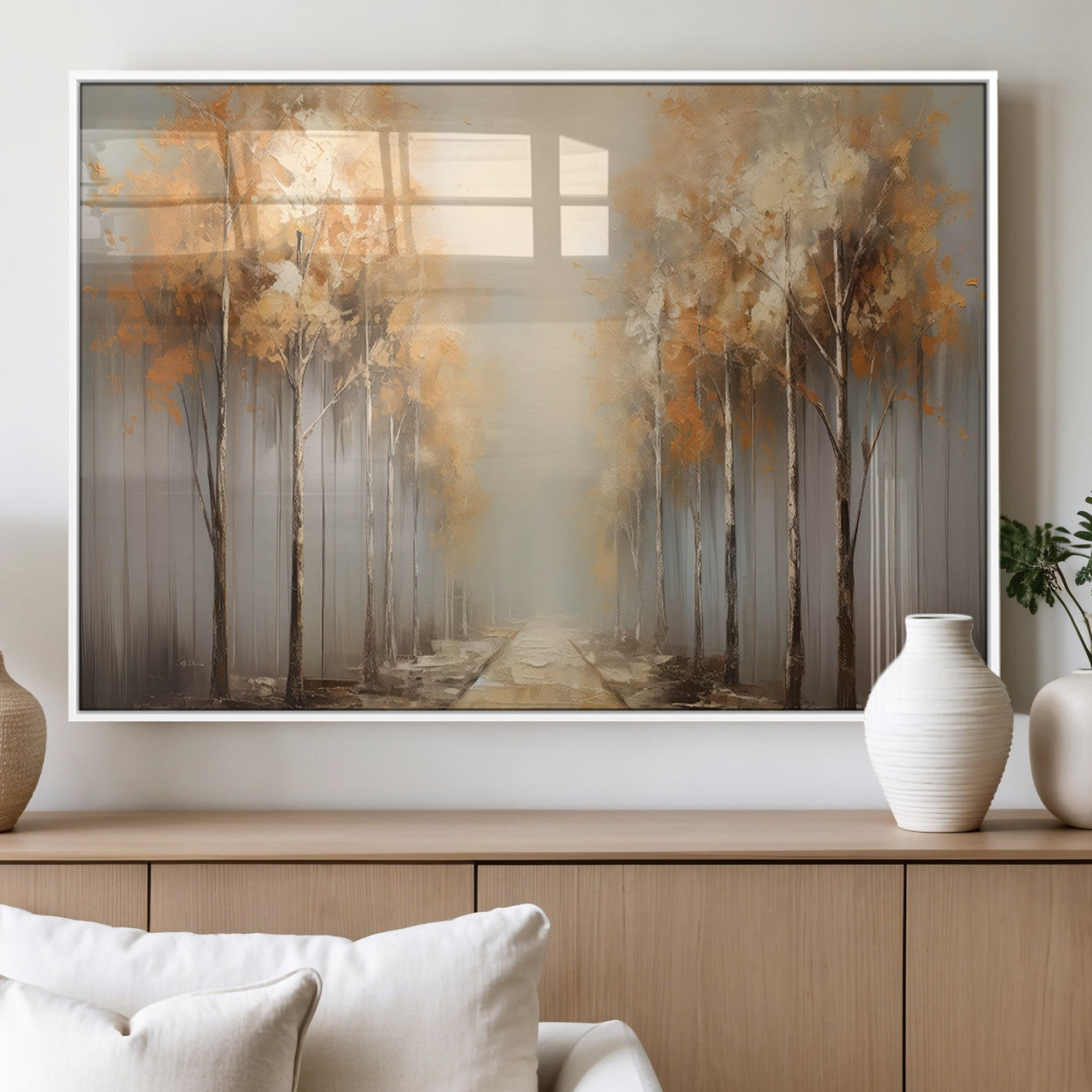 95004-MGV-FP-60X30-3P_White-Autumn Forest Path Wall Art – Hand Painted Canvas Print with Golden Trees, Modern Nature Landscape Decor for Living Room, Bedroom