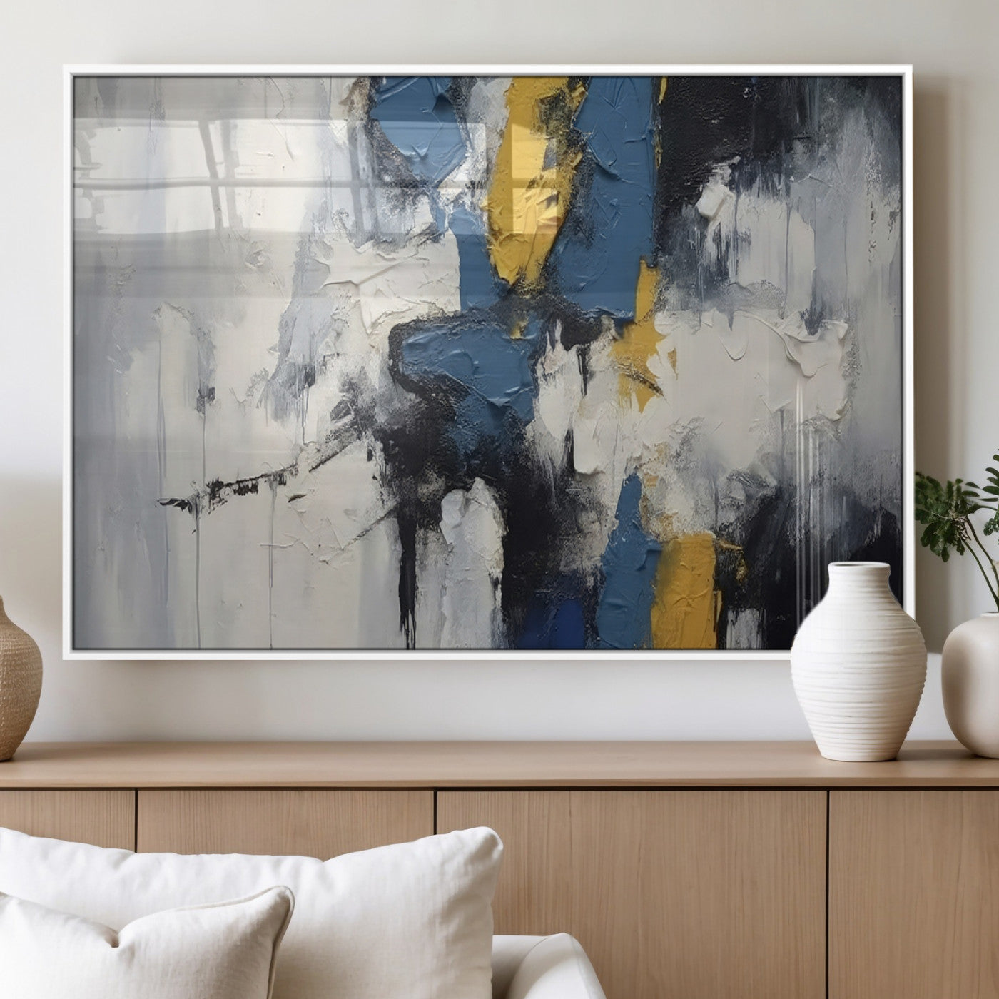 63850-MGV-FP-36X24-3P_White-Abstract Blue and Yellow Wall Art – Modern Textured Canvas Painting, Bold Contemporary Artwork for Living Room, Bedroom or Office