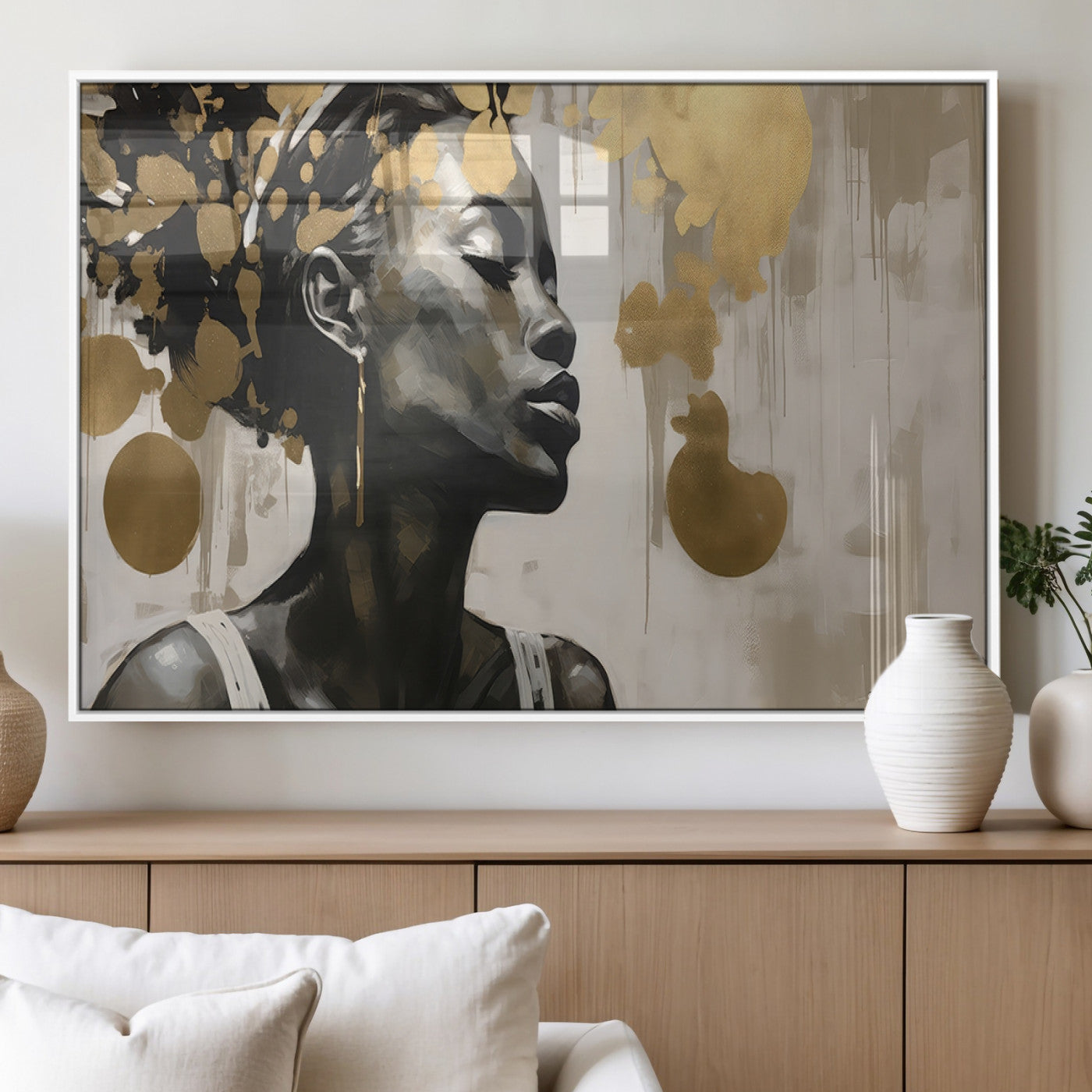 65669-MGV-FP-36X24-3P_White-Elegant Black Woman Wall Art – Modern Abstract Portrait Canvas with Gold Accents, Contemporary Afrocentric Decor for Living Room
