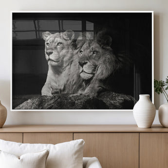 80013-MGV-FP-36X24-3P_White-Lion and Lioness Wall Art – Black and White Wildlife Photography Canvas Print, African Safari Animal Decor for Office, Bedroom, or