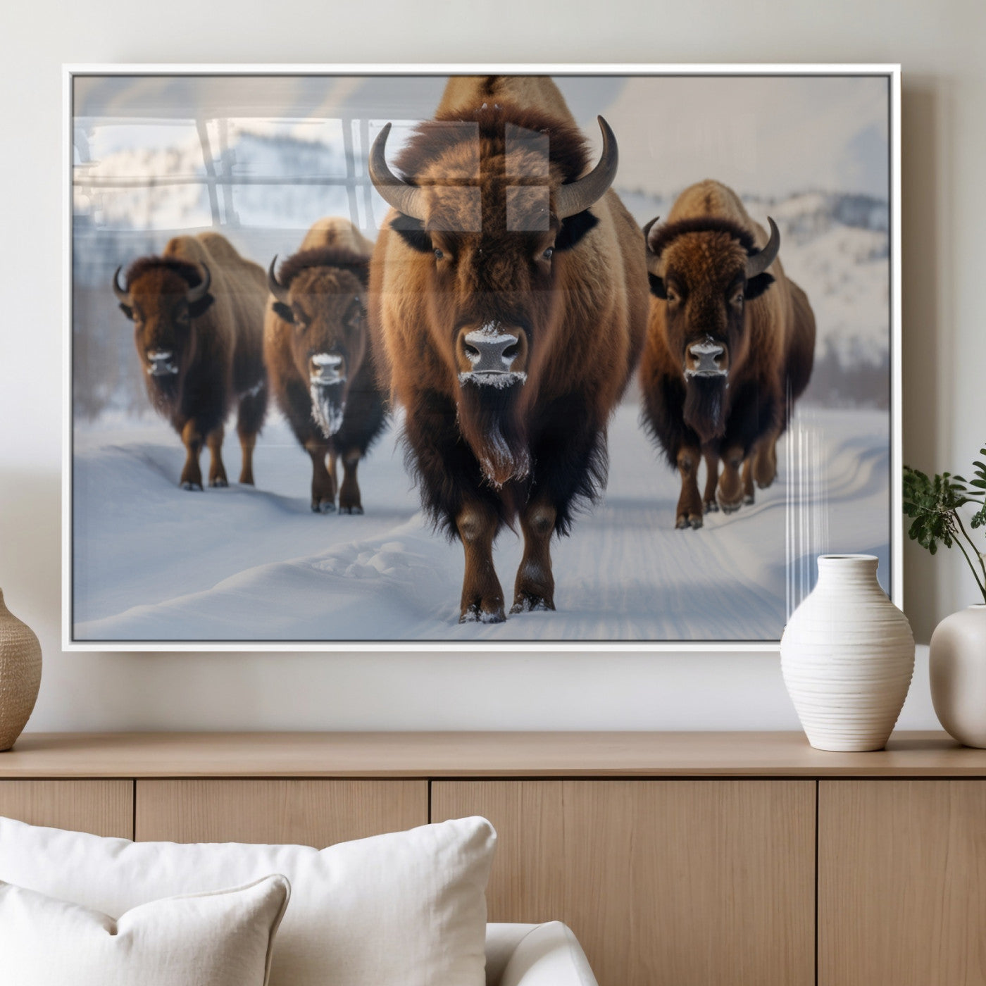 56701-MGV-FP-36X24-3P_White-Bison Herd Wall Art – Buffalo Walking in Snowy Mountains Canvas Print, Rustic Wildlife Decor for Cabin, Lodge, or Living Room