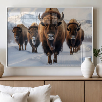 56701-MGV-FP-36X24-3P_White-Bison Herd Wall Art – Buffalo Walking in Snowy Mountains Canvas Print, Rustic Wildlife Decor for Cabin, Lodge, or Living Room
