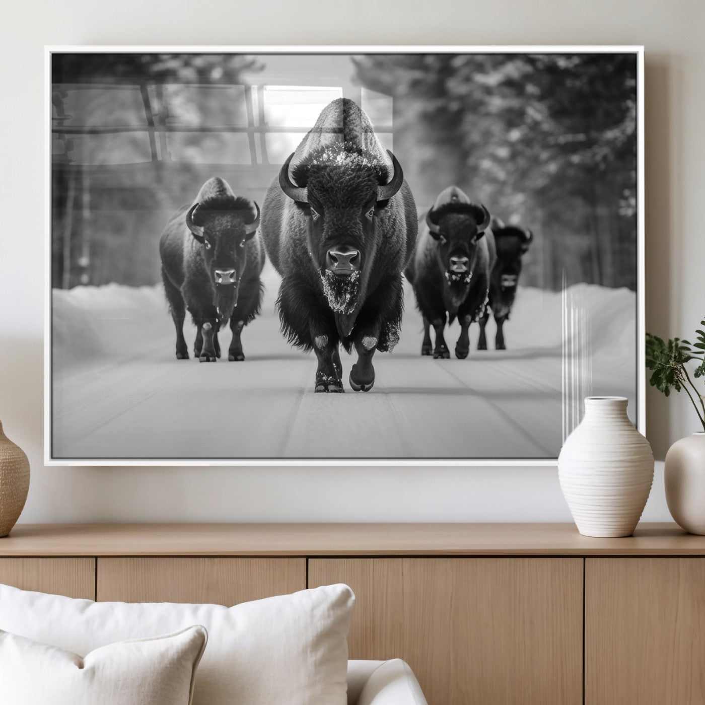45287-MGV-FP-36X24-3P_White-Bison Herd Wall Art – Black and White Buffalo Snow Road Canvas Print, Rustic Wildlife Decor for Cabin, Lodge or Living Room