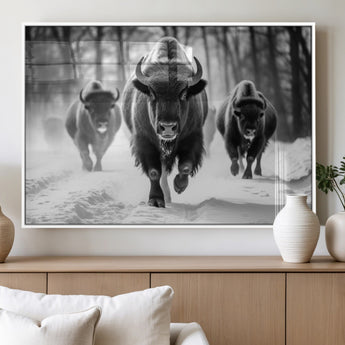 97552-MGV-FP-60X30-3P_White-Black and White Bison Wall Art – Buffalo Herd Running in Snow Canvas Print, Rustic Wildlife Photography Decor for Cabin, Lodge, or