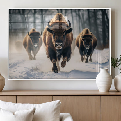 56549-MGV-FP-36X24-3P_White-Wild Bison Wall Art – Majestic Buffalo Herd Running in Snow Canvas Print, Rustic Wildlife Photography Decor for Cabin, Lodge, or