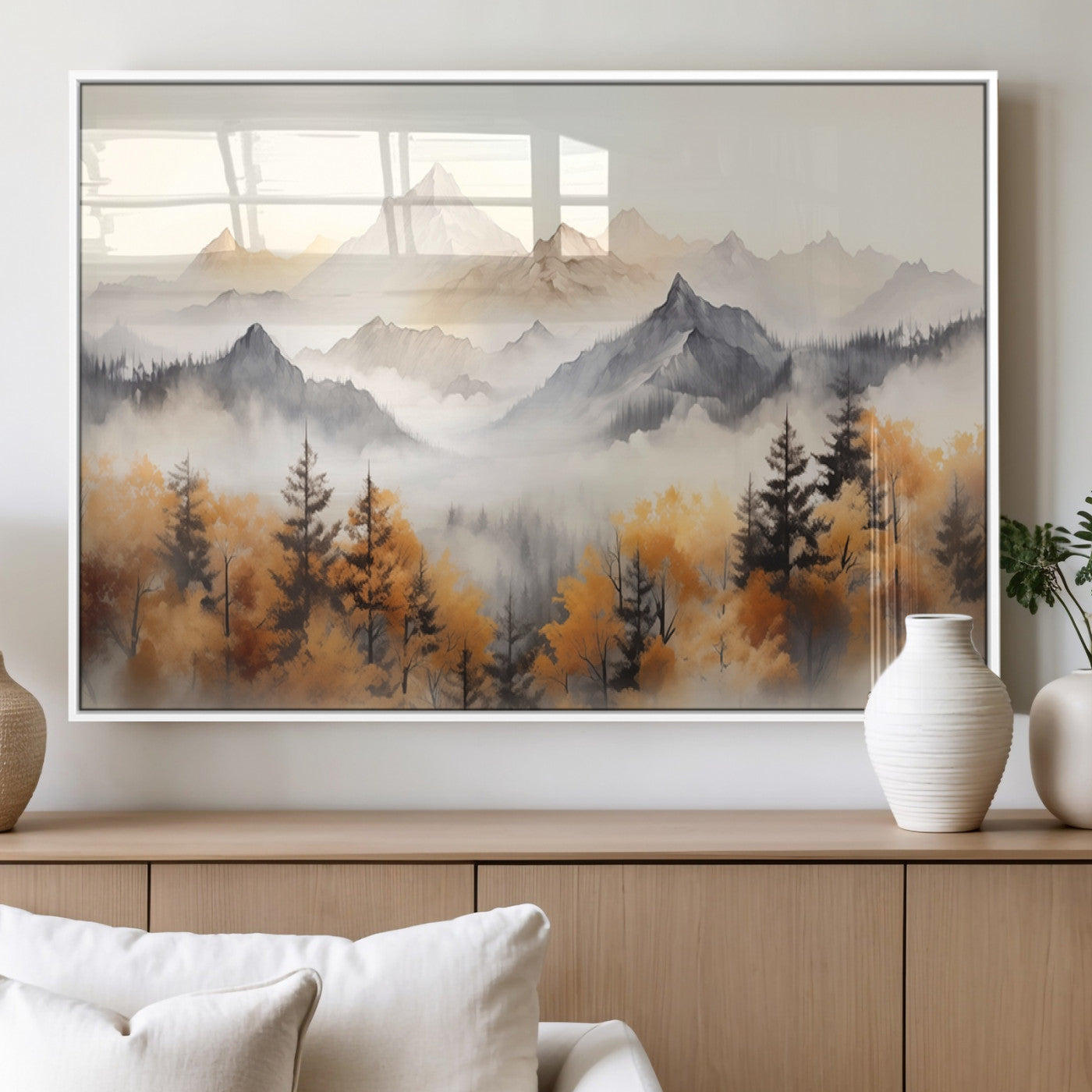 70049-MGV-FP-36X24-3P_White-Autumn Mountain Forest Wall Art – Misty Landscape Canvas Print, Rustic Nature Inspired Decor for Living Room, Bedroom or Office