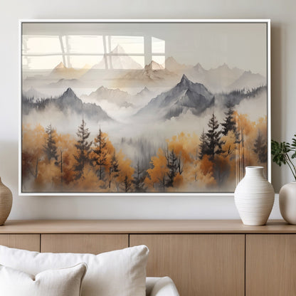 70049-MGV-FP-36X24-3P_White-Autumn Mountain Forest Wall Art – Misty Landscape Canvas Print, Rustic Nature Inspired Decor for Living Room, Bedroom or Office