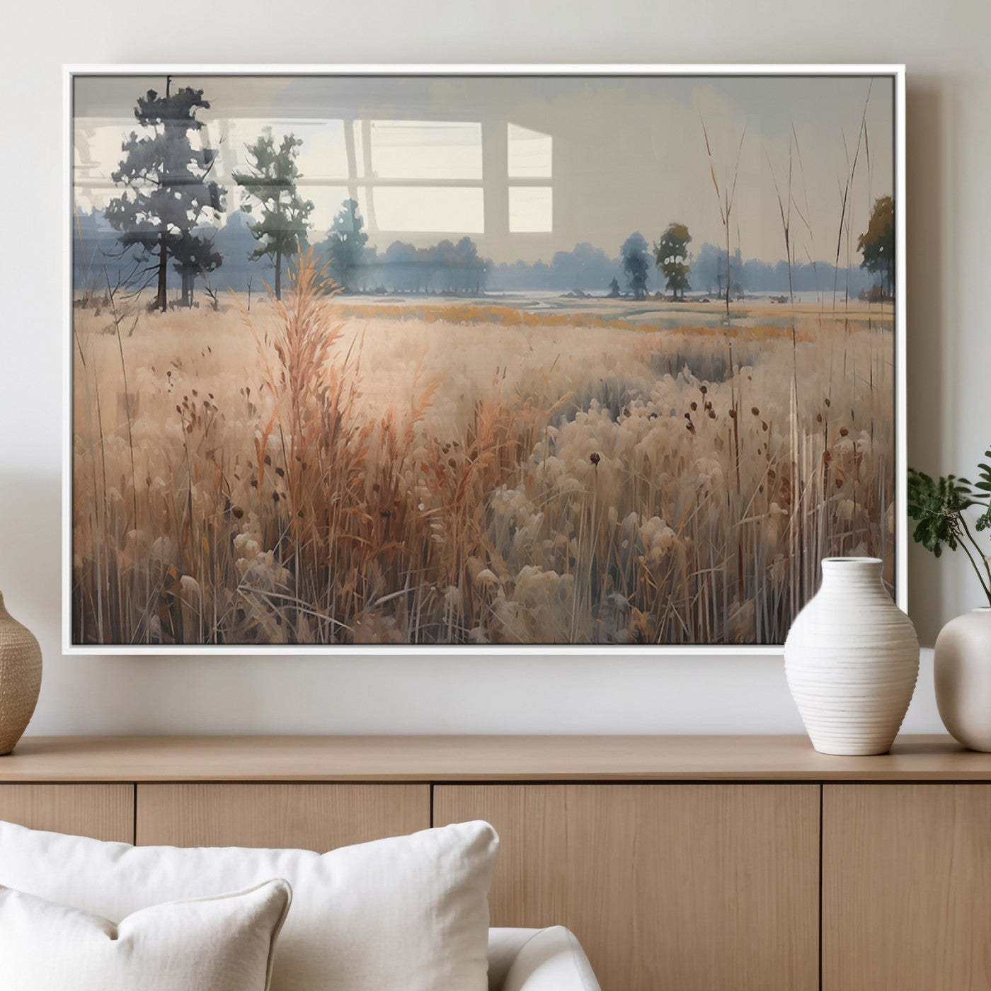 98822-MGV-FP-36X24-3P_White-Autumn Meadow Wall Art – Tranquil Grassland Landscape Canvas Print, Rustic Country Decor for Living Room, Bedroom or Farmhouse