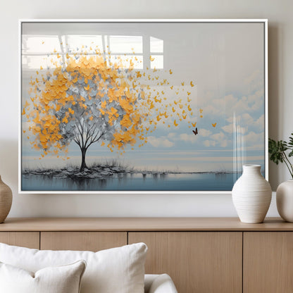 23385-MGV-FP-36X24-3P_White-Golden Butterfly Tree Wall Art – Abstract Yellow and Gray Canvas Print, Modern Nature Artwork for Living Room, Bedroom or Office