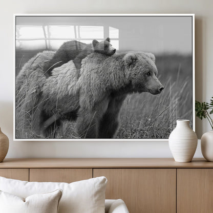 76338-MGV-FP-36X24-3P_White-Mother Bear and Cub Wall Art – Black and White Wildlife Canvas Print, Rustic Nature Photography for Cabin, Living Room or Office