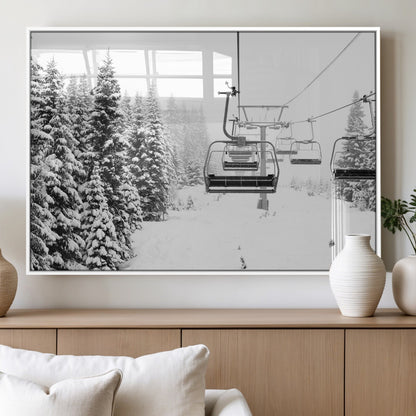 70609-MGV-FP-36X24-3P_White-Snowy Ski Lift Wall Art – Black and White Winter Mountain Landscape Canvas Print, Rustic Lodge Decor for Cabin, Living Room or