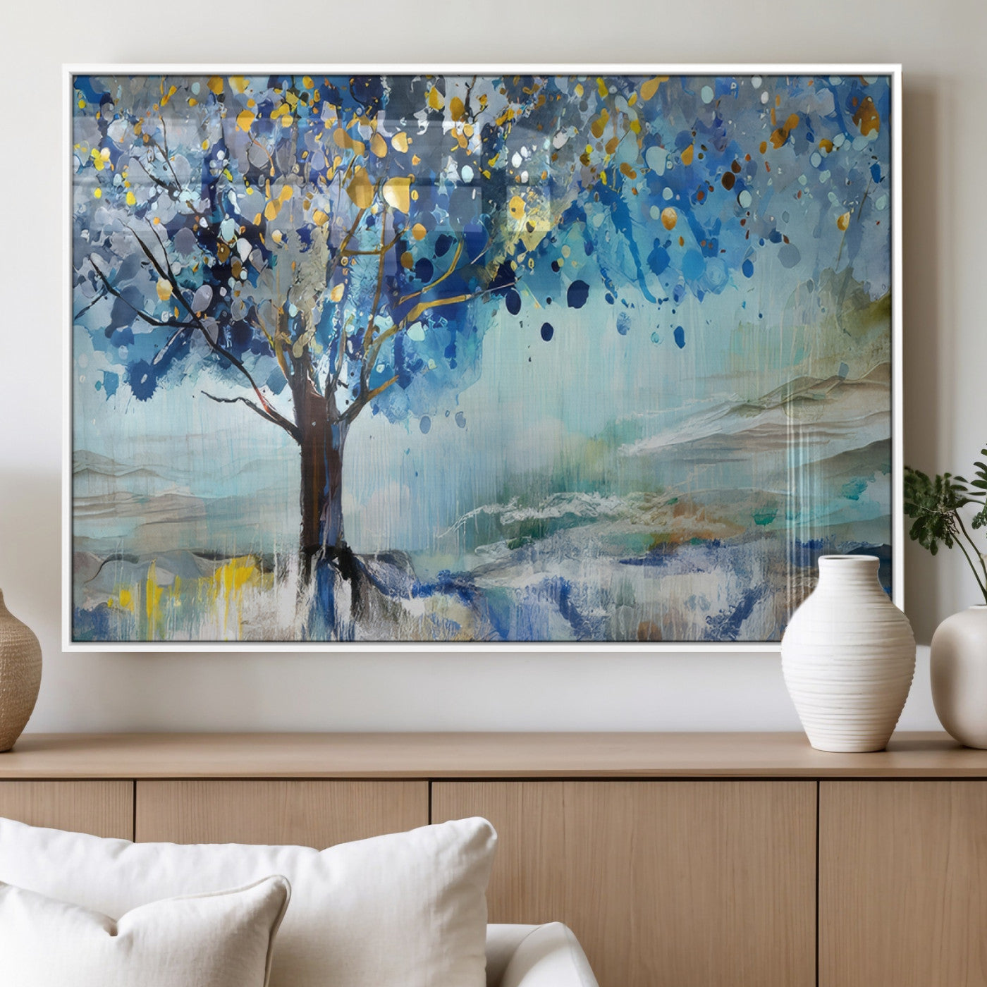 17018-MGV-FP-36X24-3P_White-Abstract Blue Tree Wall Art – Colorful Canvas Painting with Gold and Silver Accents, Modern Nature Artwork for Living Room,