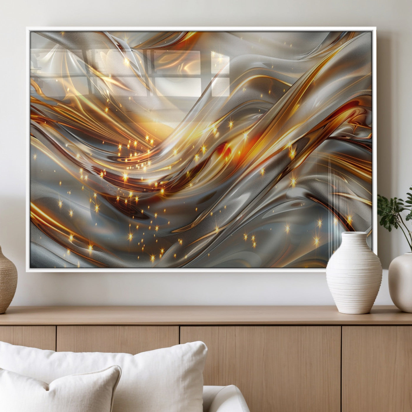 Lines1-MGV-FP-36X24-3P_White-Abstract Metallic Wall Art – Silver and Gold Wave Canvas Print with Sparkling Accents, Modern Luxury Decor for Living Room, Office