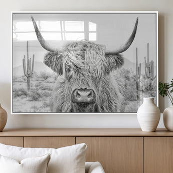 94579-MGV-FP-36X24-3P_White-Highland Cow Wall Art – Black and White Longhorn Canvas Print, Rustic Western Farmhouse Animal Photography for Living Room,