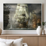 26512-MGV-FP-36X24-3P_White-Naval Battle Wall Art – Dramatic Tall Ship Canvas Print, Historic Pirate Sailing War Scene, Nautical Decor for Office, Study or