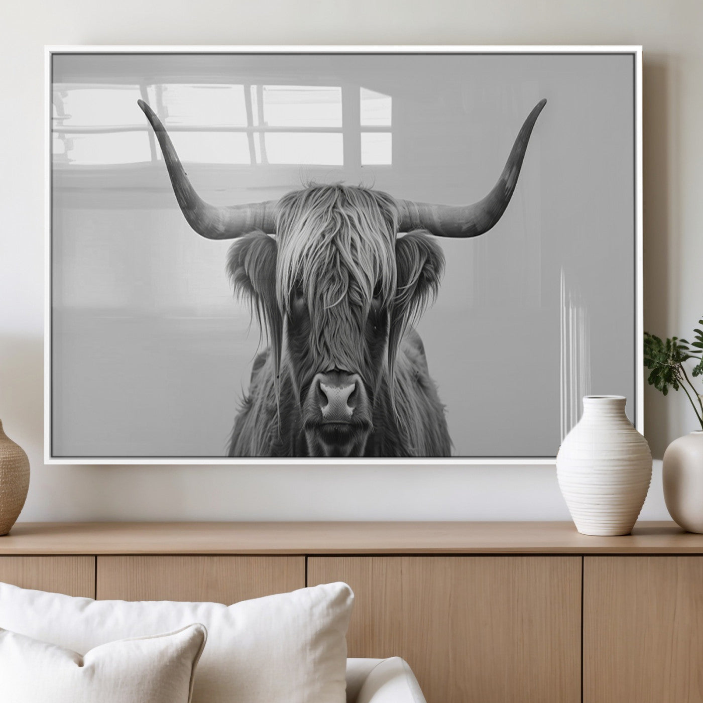 35820-MGV-FP-36X24-3P_White-Minimalist Highland Cow Wall Art – Black and White Longhorn Cattle Canvas Print, Modern Farmhouse Animal Photography Decor for